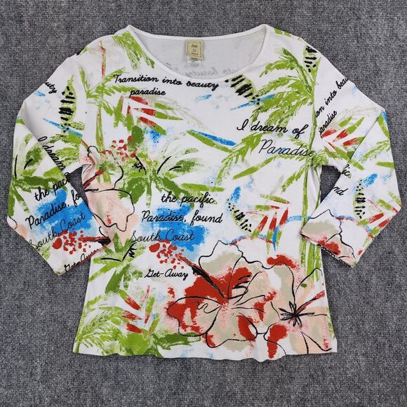 Jess Jane Top Womens Small White Tropical Pacific 3/4 Sleeve Floral Pullover USA - Picture 1 of 13